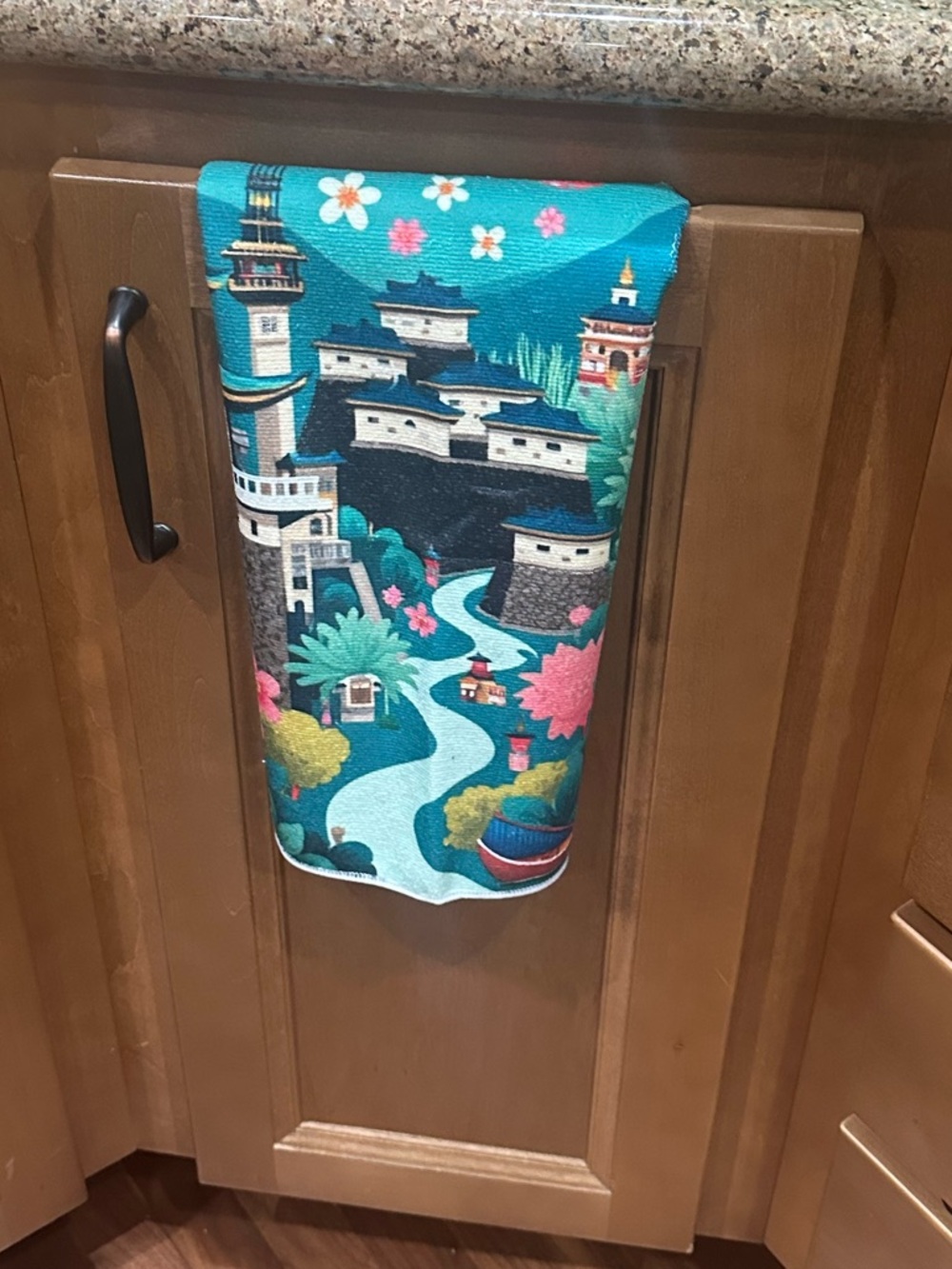 Japanese-Inspired Kitchen Towel in Teal and Pink and green, new